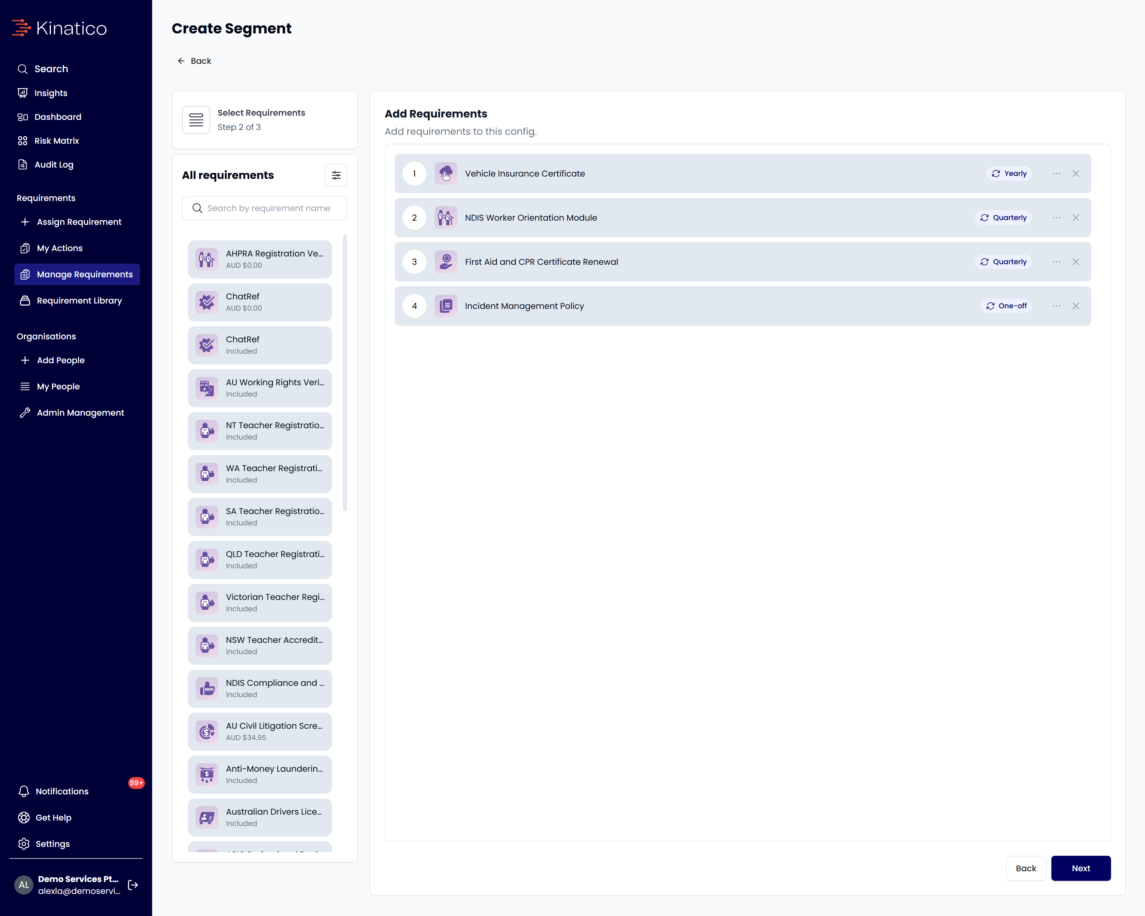 Kinatico Compliance Segment Setup